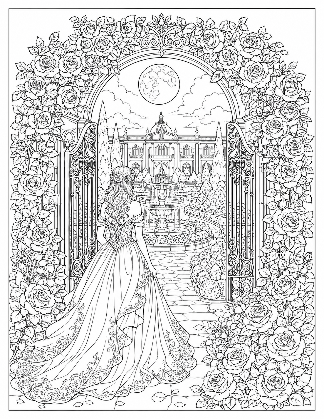 Moonlit palace garden free coloring page preview