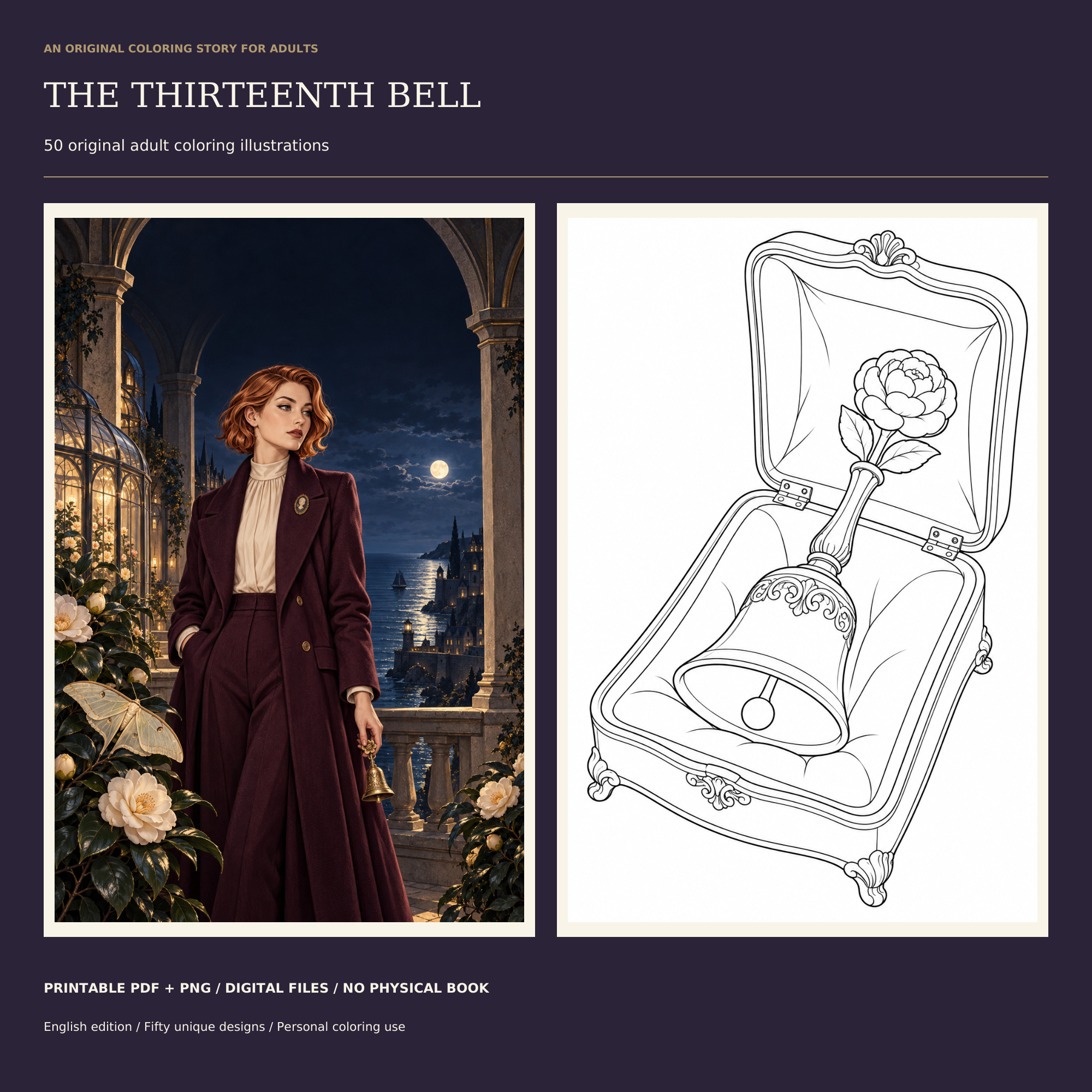 The Thirteenth Bell gothic mystery coloring book with an adult heroine and ornate bell illustration